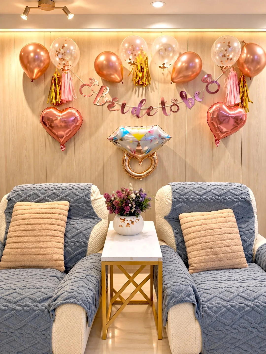 Bride-to-be shower setup with rose gold balloons and lounge chairs at AyuriNails Beauty Lounge, Poblacion Makati